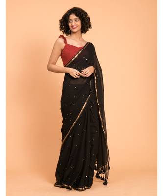 Suta Black Embellished Sequinned With Zari Border Pure Cotton Saree 1