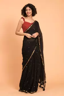 Suta Black Embellished Sequinned With Zari Border Pure Cotton Saree