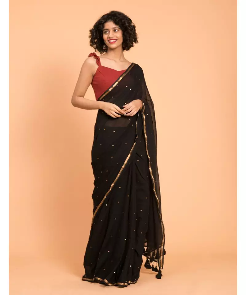 Suta Black Embellished Sequinned With Zari Border Pure Cotton Saree