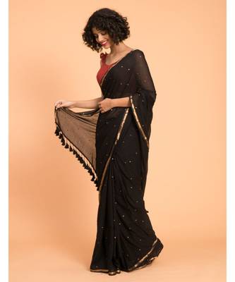 Suta Black Embellished Sequinned With Zari Border Pure Cotton Saree 3