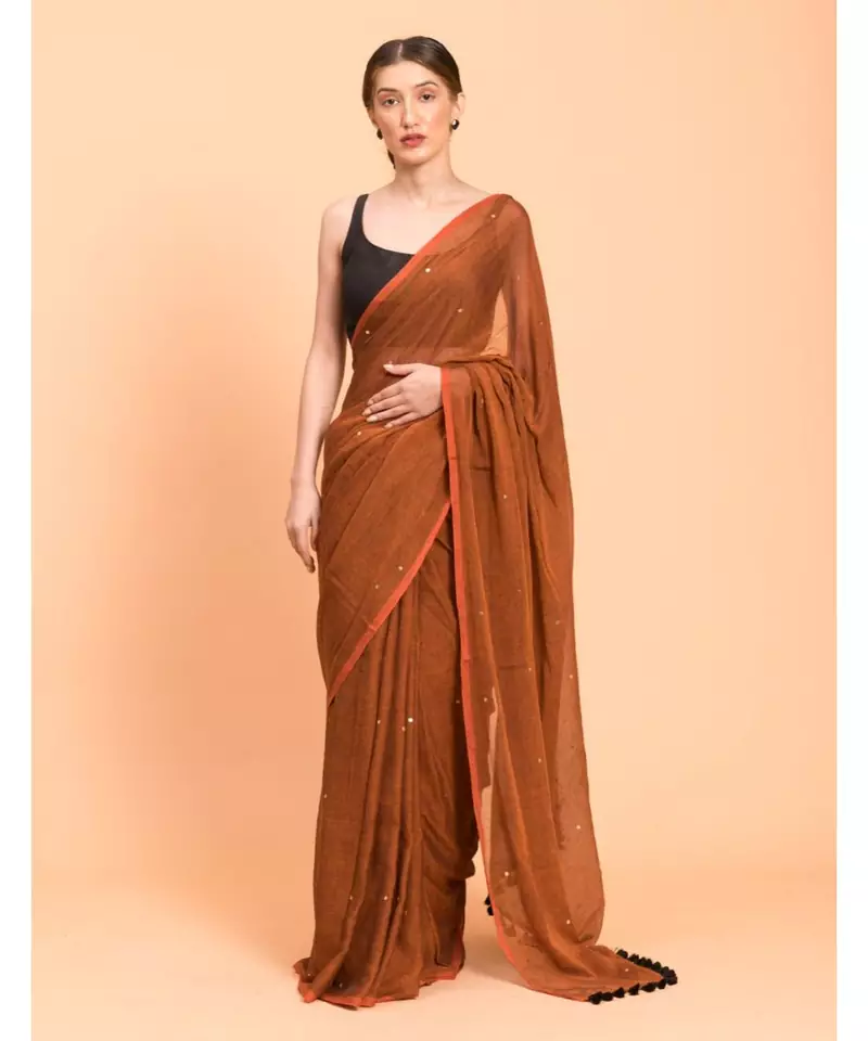 Suta Rust Embellished Sequinned Pure Cotton Saree
