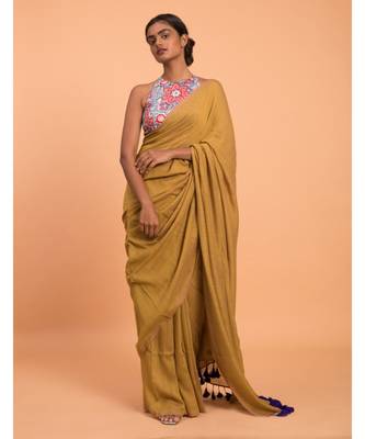 Suta Women Mustard Solid Cotton Blend Saree With Tassels 1