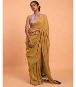 Suta Women Mustard Solid Cotton Blend Saree With Tassels