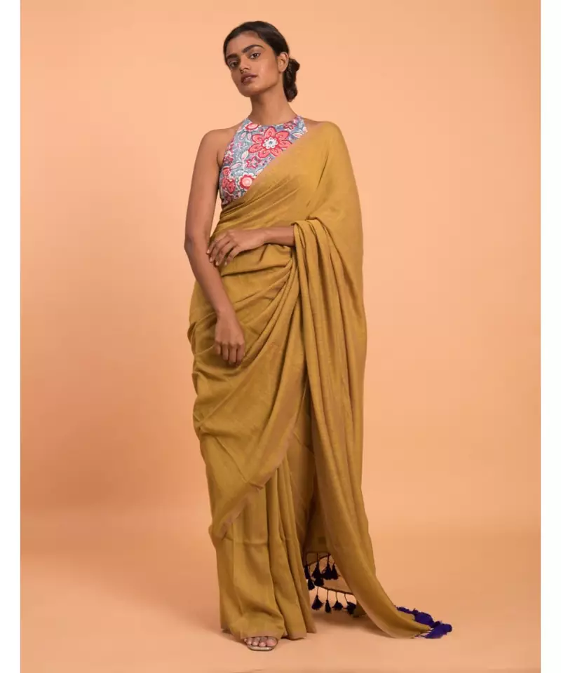 Suta Women Mustard Solid Cotton Blend Saree With Tassels