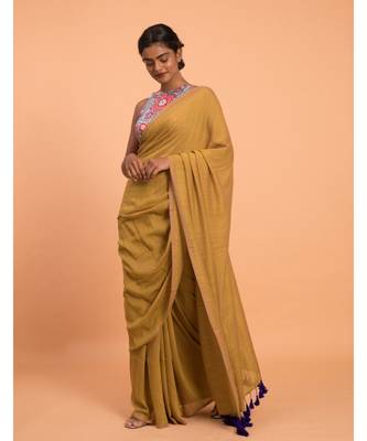 Suta Women Mustard Solid Cotton Blend Saree With Tassels 2
