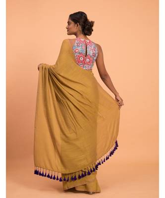 Suta Women Mustard Solid Cotton Blend Saree With Tassels 4