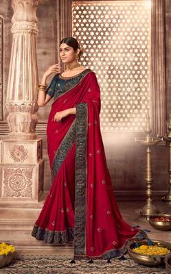 Heavy Vichitra silk sarees with Swarovski work along with Embroidered Blouse 1