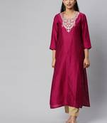magenta and gold gota patti straight kurta with overall elasticated golden trouser.