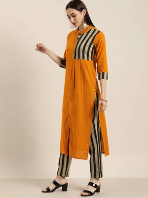 Mustard And Grey Woven Stripe Kurta With Stripe Woven Trouser. 1