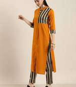 Mustard And Grey Woven Stripe Kurta With Stripe Woven Trouser.