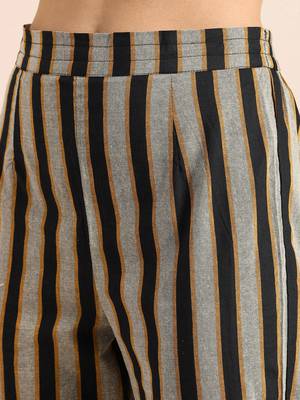 Mustard And Grey Woven Stripe Kurta With Stripe Woven Trouser. 3