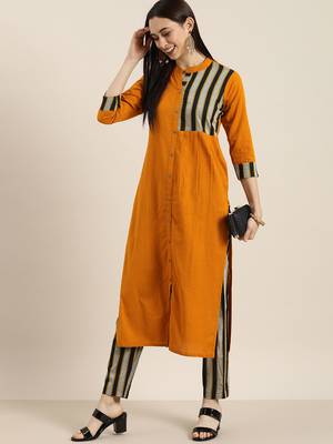 Mustard And Grey Woven Stripe Kurta With Stripe Woven Trouser. 4