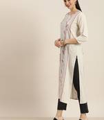 Off White And Pink Floral Printed Straight Kurta With Black And White Stripe Trouser.