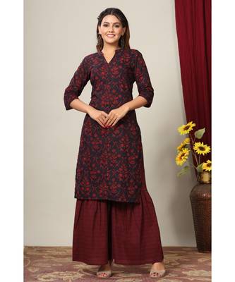 Women's Cotton Floral Print Straight Kurta Sharara Set 1