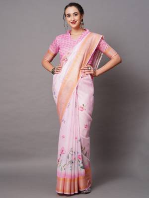 Sareemall Pink Festive Linen Blend Printed Saree With Unstitched Blouse 1