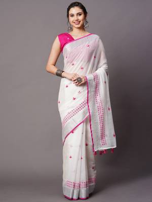 Sareemall White Festive Linen Blend Embelished Saree With Unstitched Blouse 1