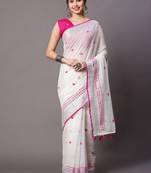 Sareemall White Festive Linen Blend Embelished Saree With Unstitched Blouse