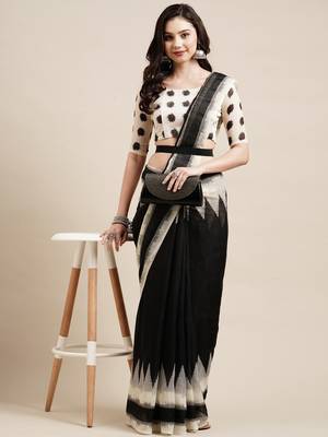 Sareemall Black Festive Cotton Printed Saree With Unstitched Blouse 1
