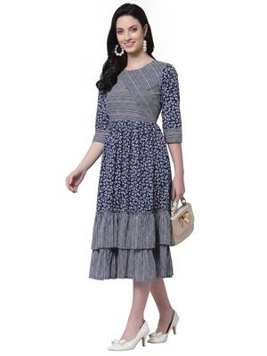 Blue printed cotton long-dresses 1