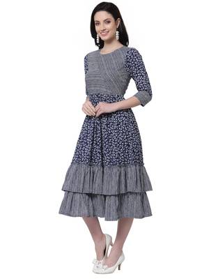 Blue printed cotton long-dresses 3