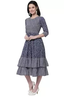 Blue printed cotton long-dresses