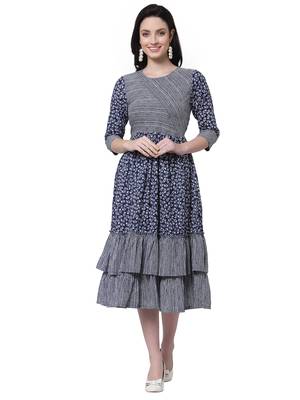 Blue printed cotton long-dresses 5