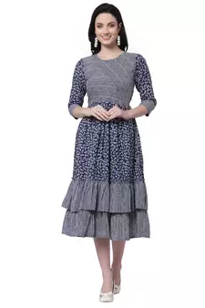 Blue printed cotton long-dresses