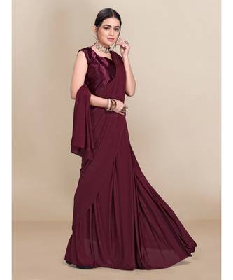 Wine Soft Lycra With Pleated Pallu One Minute Saree 3