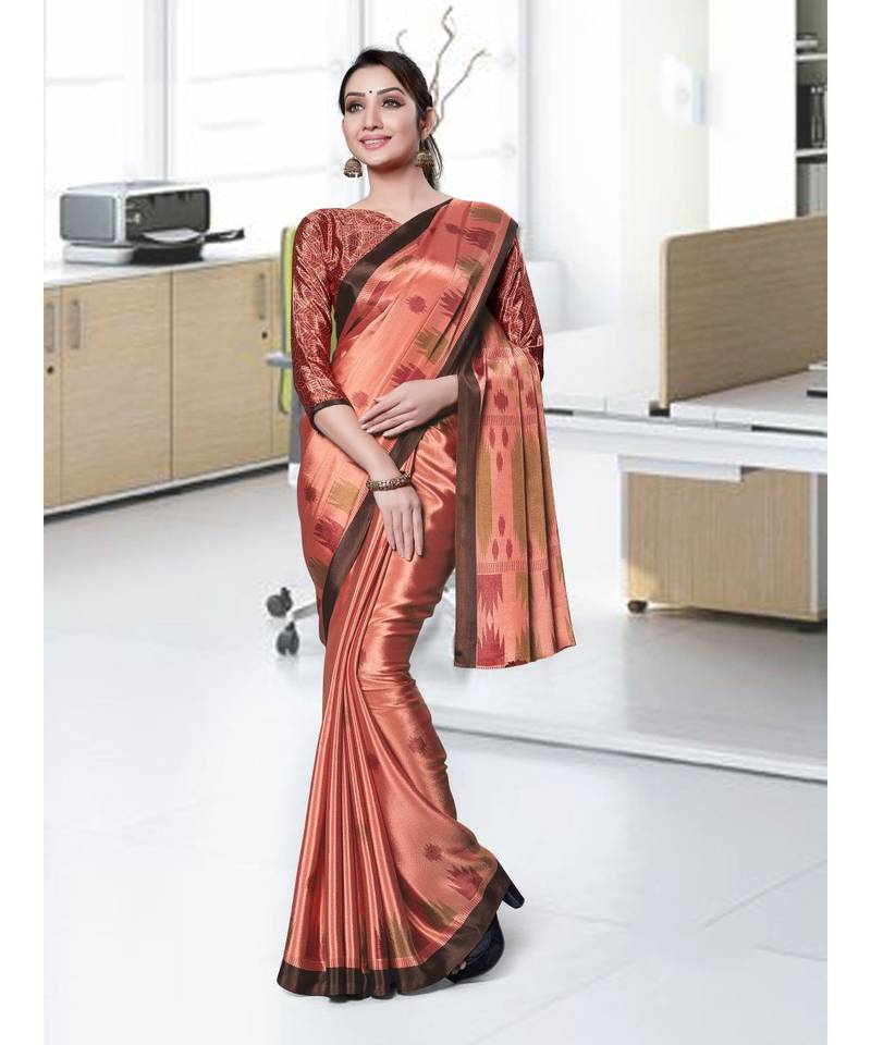 Sangam Prints Peach Silk Blend Printed Uniform Saree