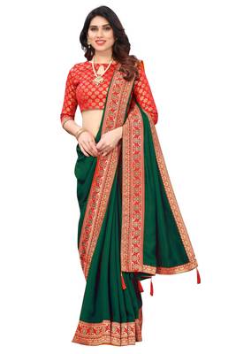 Green Vichitra Silk Blend Saree With Fancy Lace And Jacquard Blouse Piece. 1