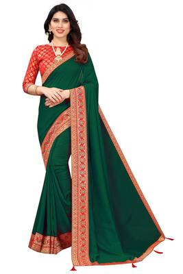 Green Vichitra Silk Blend Saree With Fancy Lace And Jacquard Blouse Piece. 2