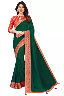 Green Vichitra Silk Blend Saree With Fancy Lace And Jacquard Blouse Piece.