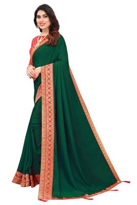 Green Vichitra Silk Blend Saree With Fancy Lace And Jacquard Blouse Piece. 3