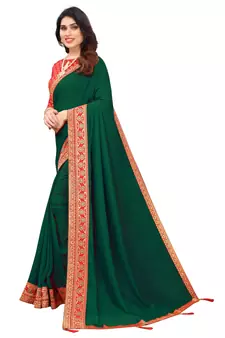 Green Vichitra Silk Blend Saree With Fancy Lace And Jacquard Blouse Piece.