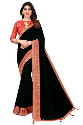 Black Vichitra Silk Plain Bollywood Saree with Banarasi Silk Blouse Piece. 1