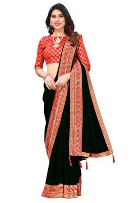 Black Vichitra Silk Plain Bollywood Saree with Banarasi Silk Blouse Piece. 2