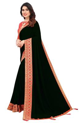 Black Vichitra Silk Plain Bollywood Saree with Banarasi Silk Blouse Piece. 3