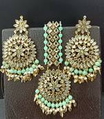 Green Copper Base Gold Plated Kundan Light Weight Earrings Maangtika Set Combo