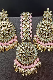 Pink Copper Base Gold Plated Kundan Light Weight Earrings Maangtika Set Combo