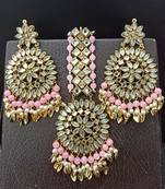 Pink Copper Base Gold Plated Kundan Light Weight Earrings Maangtika Set Combo