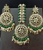 Green Copper Base Gold Plated Kundan Light Weight Earrings Maangtika Set Combo