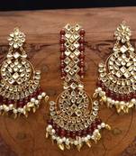 Maroon Copper Base Gold Plated Kundan Light Weight Earrings Maangtika Set Combo