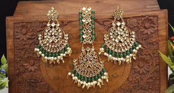 Green Copper Base Gold Plated Kundan Light Weight Earrings Maangtika Set Combo 1