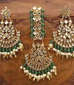 Green Copper Base Gold Plated Kundan Light Weight Earrings Maangtika Set Combo