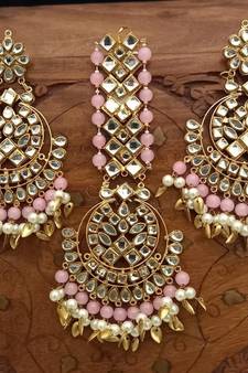 Pink Copper Base Gold Plated Kundan Light Weight Earrings Maangtika Set Combo