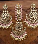 Pink Copper Base Gold Plated Kundan Light Weight Earrings Maangtika Set Combo