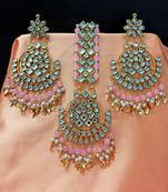 Pink Copper Base Gold Plated Kundan Light Weight Earrings Maangtika Set Combo