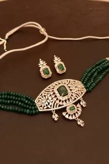 Green American Diamond Onyx Semi Precious Stone Beading Choker Necklace Set