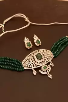 Green American Diamond Onyx Semi Precious Stone Beading Choker Necklace Set