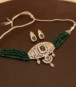 Green American Diamond Onyx Semi Precious Stone Beading Choker Necklace Set